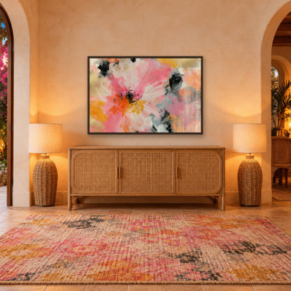 Pink and Gold Abstract Bloom boho wall art in an entryway