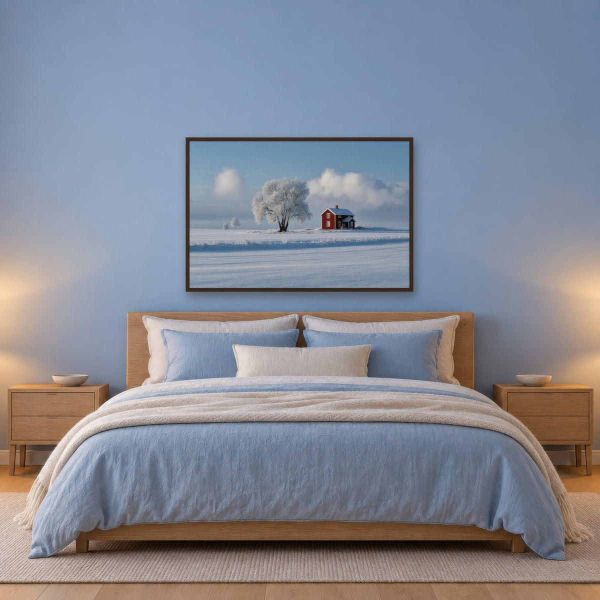 Red Farmhouse and Frosted Tree in Snow scandinavian wall art in a bedroom