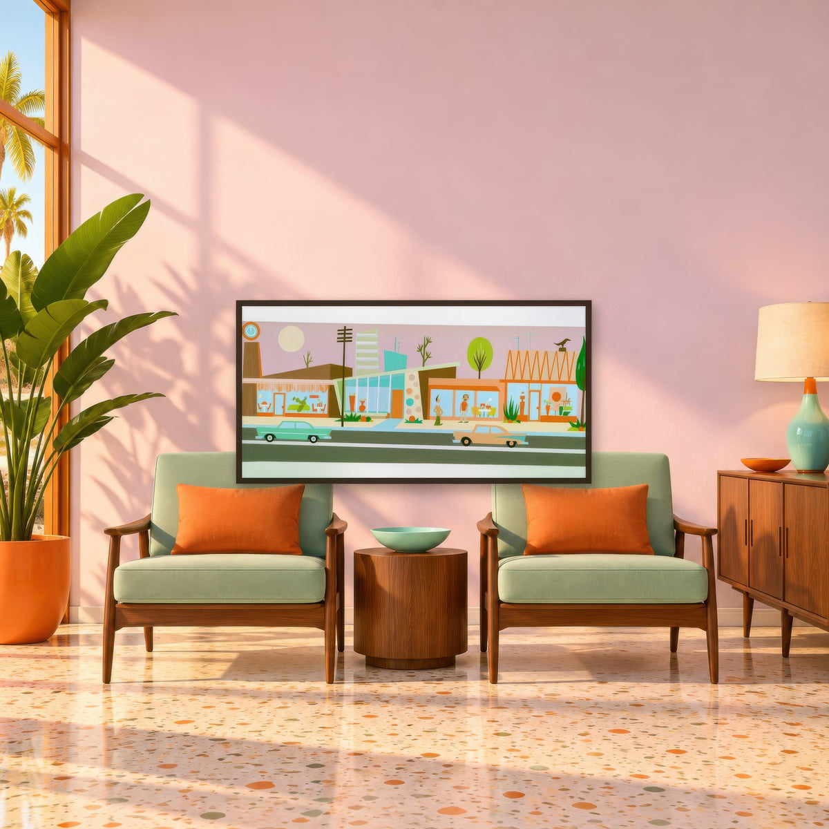 Retro Strip Mall Under a Pink Sky mid-century modern wall art in a den