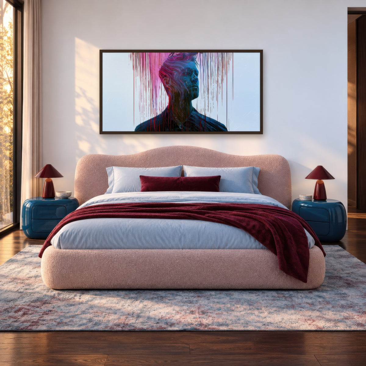 Color Drip Portrait in Red and Blue abstract portrait wall art in a bedroom