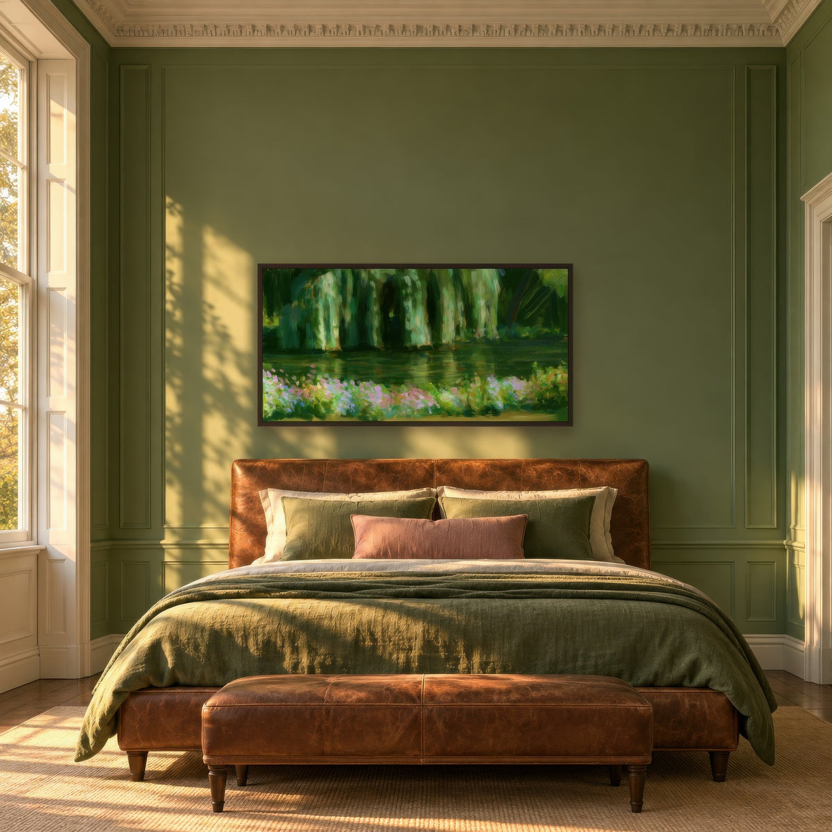 Willow Pond with Pink Blossom Bank – Impressionist Wall Art