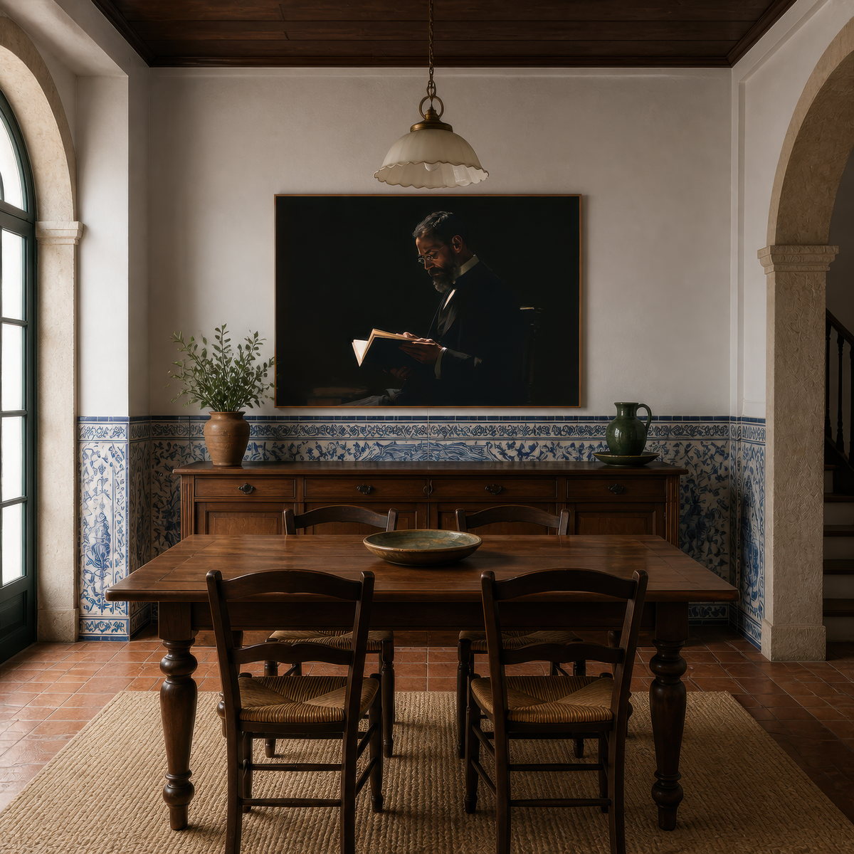 Cloistered quiet above a dark wood dining table with carved chairs and blue tiled wainscot