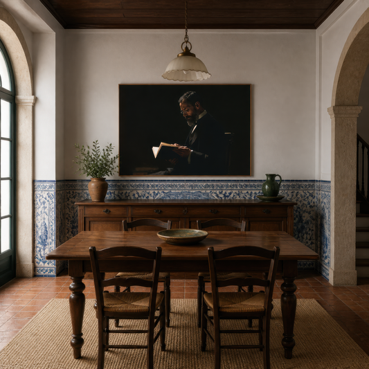 Cloistered quiet above a dark wood dining table with carved chairs and blue tiled wainscot