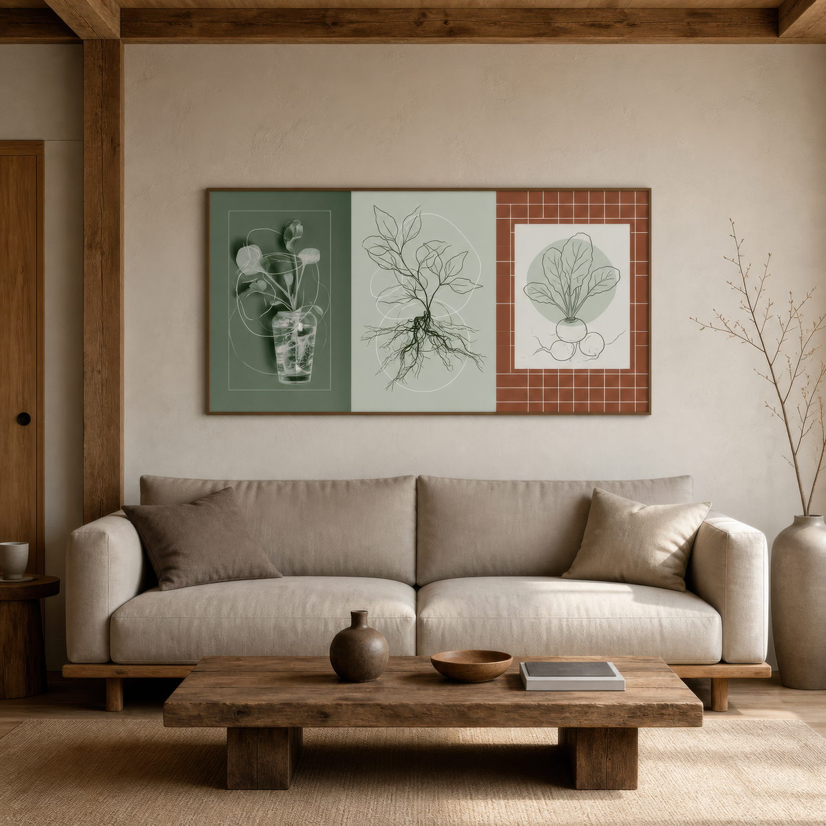 Kitchen garden botanical set above a cream sofa with a long low wood coffee table