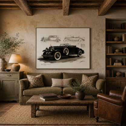 Vintage car blueprint above a sage green sofa with kilim pillows and a leather chair