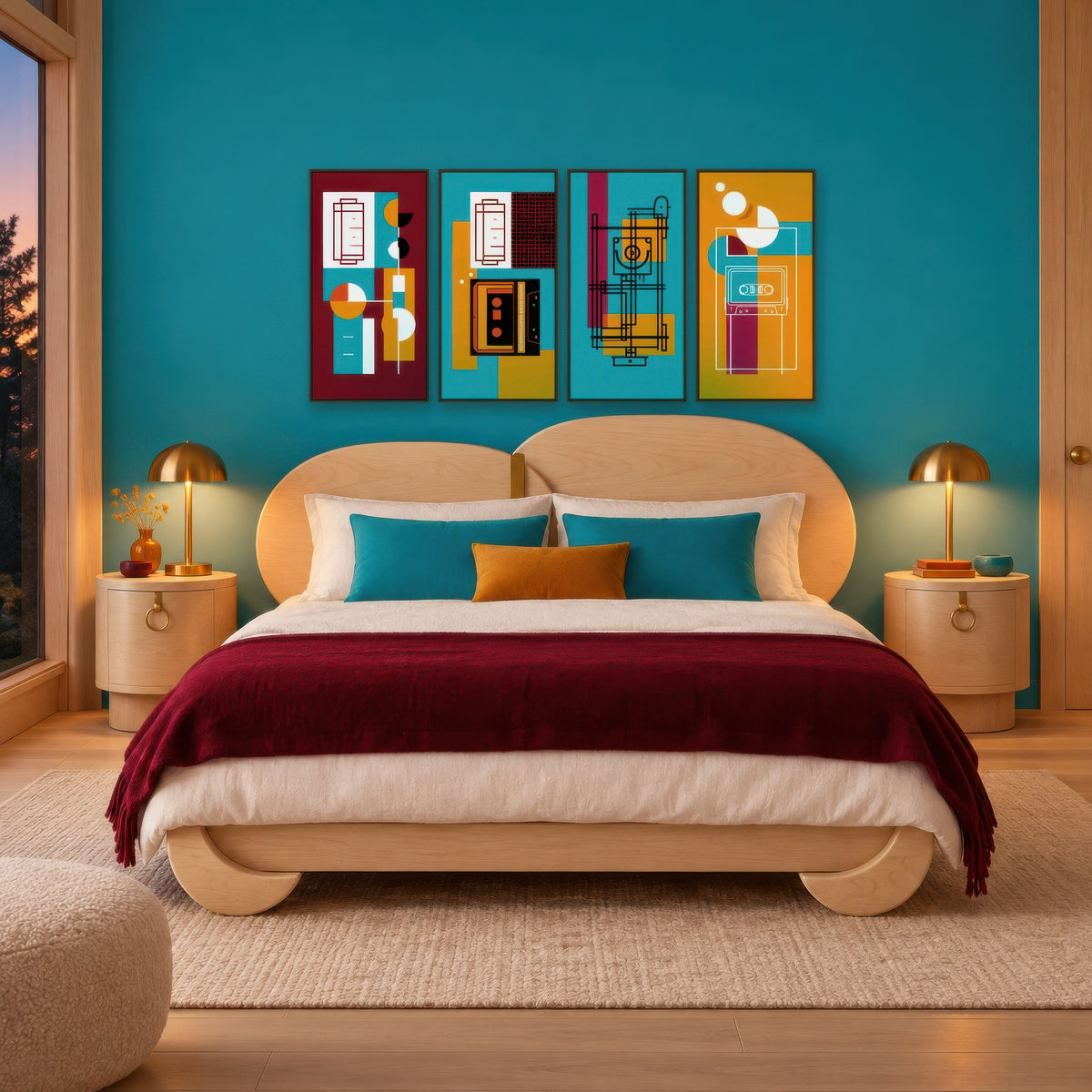 Retro Tech Blueprint Abstract mid-century modern wall art in a bedroom