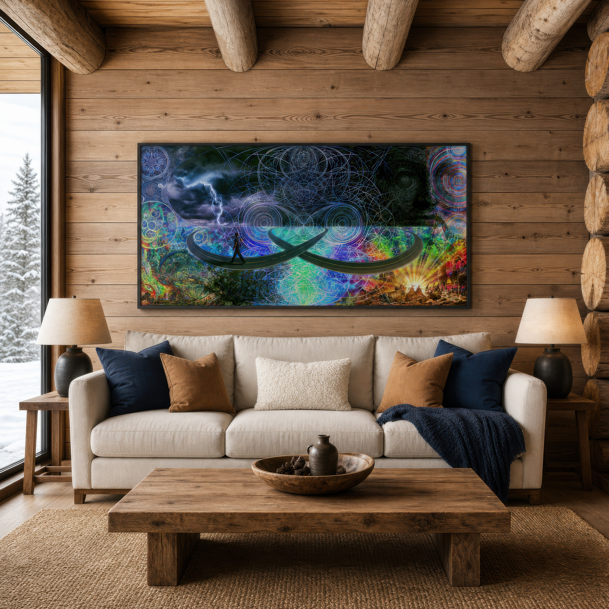 Cosmic storm mandala above a cream sofa with navy pillows on a wood plank wall