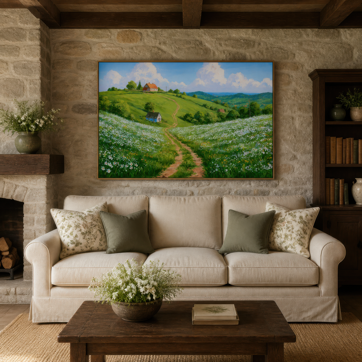 Hillside meadow above a cream sofa with sage pillows beside a stone fireplace