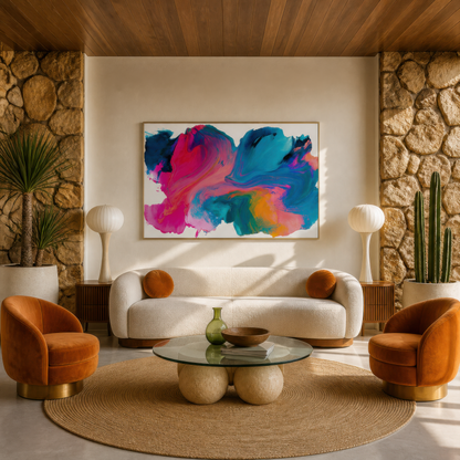 Vivid color bloom above a cream curved sofa with rust chairs and a glass coffee table