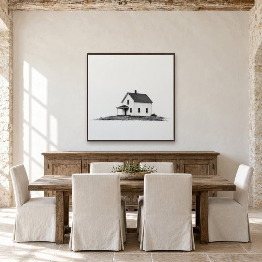 Low Wide Farmhouse with a Porch farmhouse wall art in a dining room