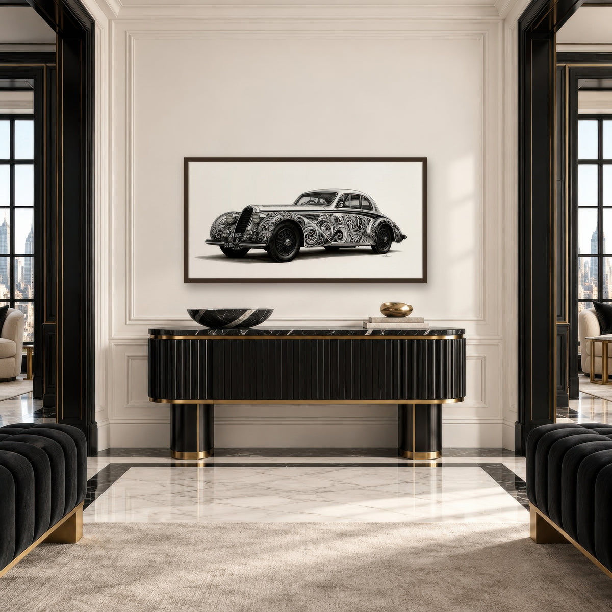 Vintage Car in Filigree art deco wall art in an entryway