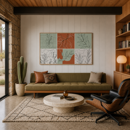 Botanical grid illustration above an olive green sofa on a white plank wall with a cactus