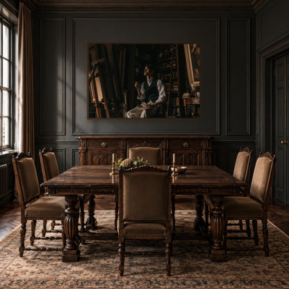 Artist in Repose dark academia wall art in a dining room