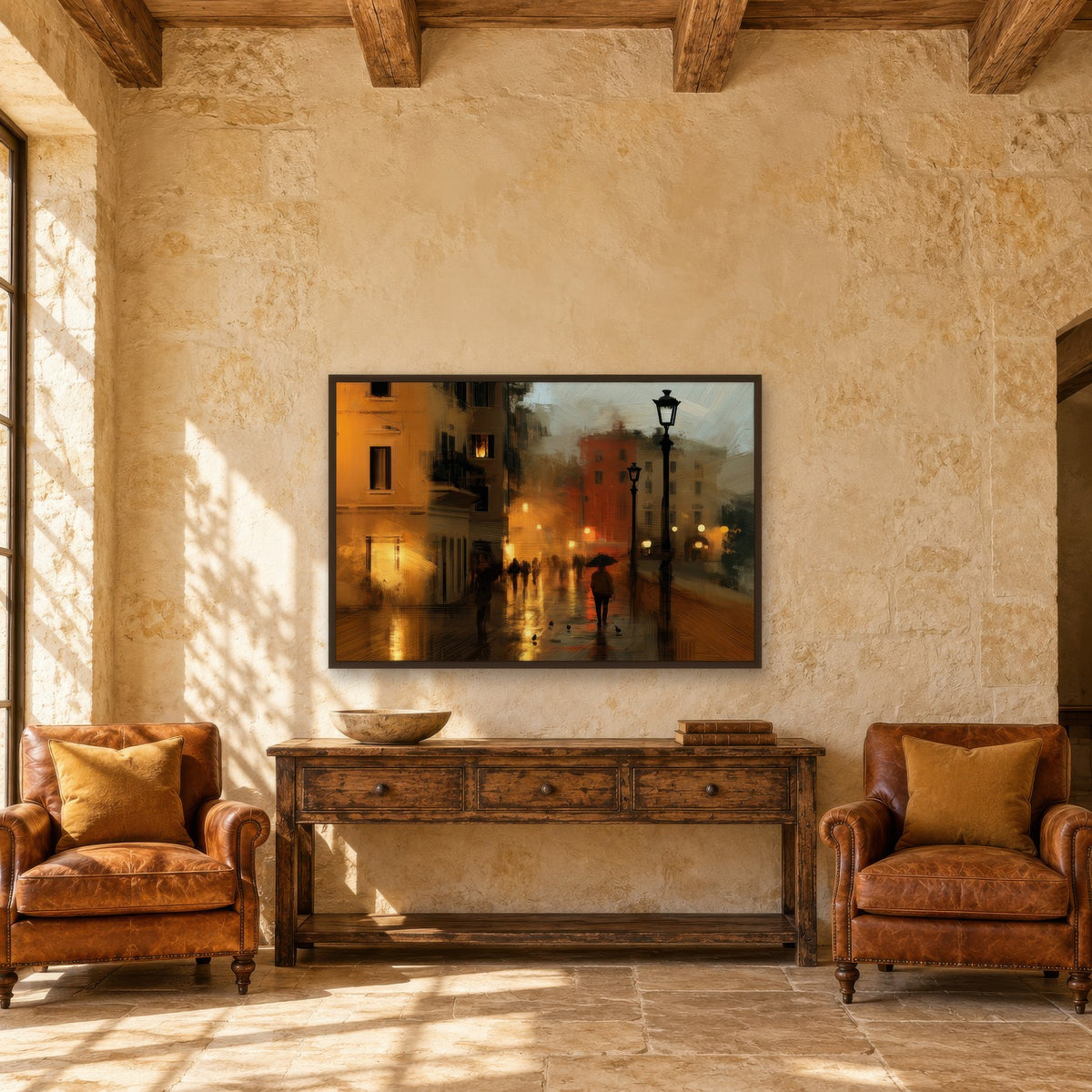Evening Street Lamps impressionist wall art in an entryway