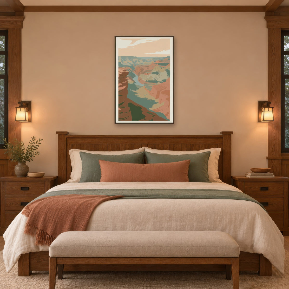 Golden Canyon Abstract Illustration landscape wall art in a bedroom