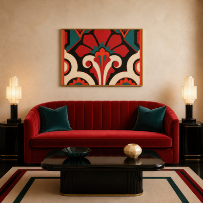 Crimson deco bloom above a red velvet channel sofa with teal pillows and deco sconces
