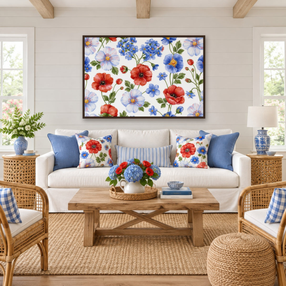 Red Poppy and Blue Wildflower Pattern watercolor floral wall art in a living room
