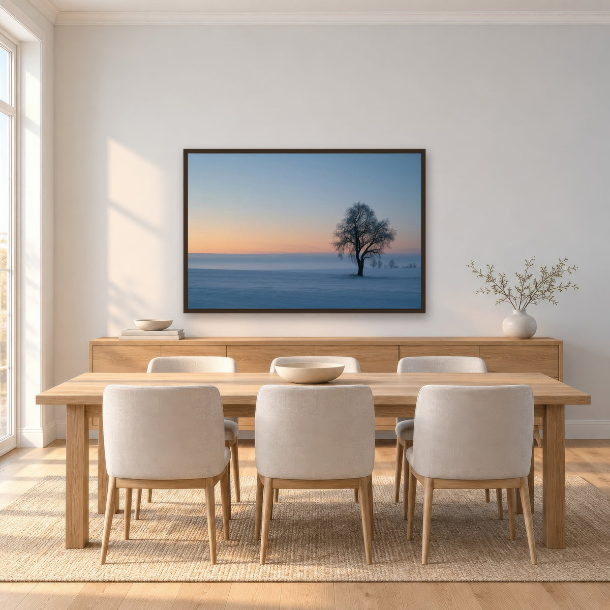 Soft Grey Horizon scandinavian wall art in a dining room