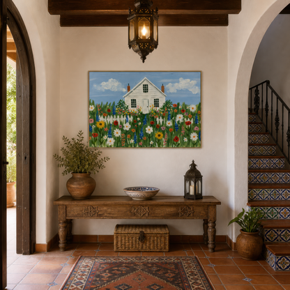 Wildflower cottage in a terracotta tiled entryway above a console with lanterns and baskets