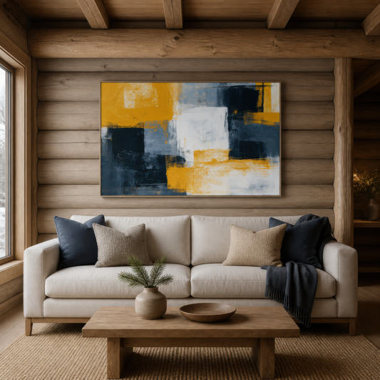 Large mustard yellow and charcoal color block abstract artwork above a white sofa in a living room with wood plank walls