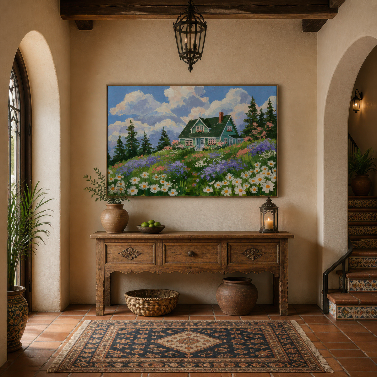 Folk hillside cottage above a carved wood console in an entryway with a blue medallion rug