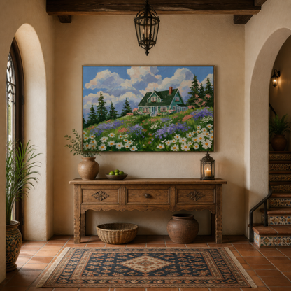 Folk hillside cottage above a carved wood console in an entryway with a blue medallion rug