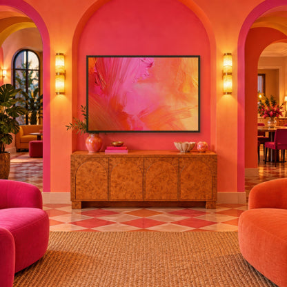 Coral Pink Brushstrokes dopamine wall art in an entryway