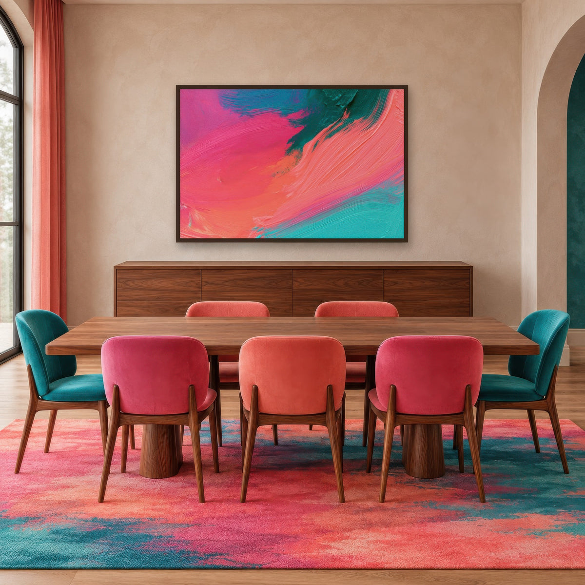 Pink and Teal Brushstroke Abstract wall art in a dining room