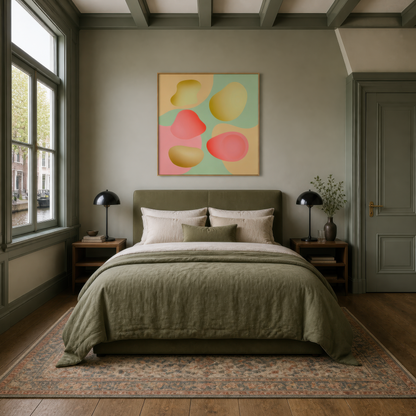 Soft pastel blooms above a bed with olive bedding and black dome lamps on a sage wall