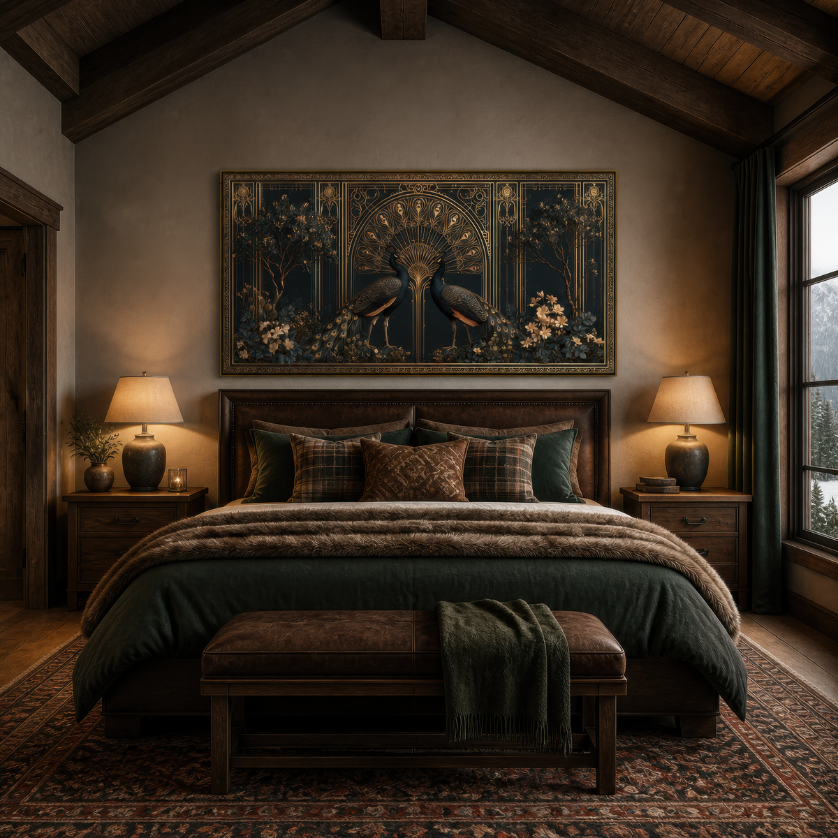 Golden peacock motif above a dark green bed with a bench at the foot and table lamps