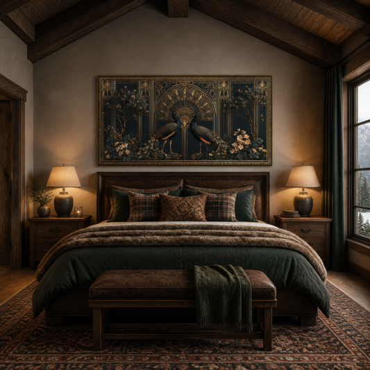 Golden peacock motif above a dark green bed with a bench at the foot and table lamps