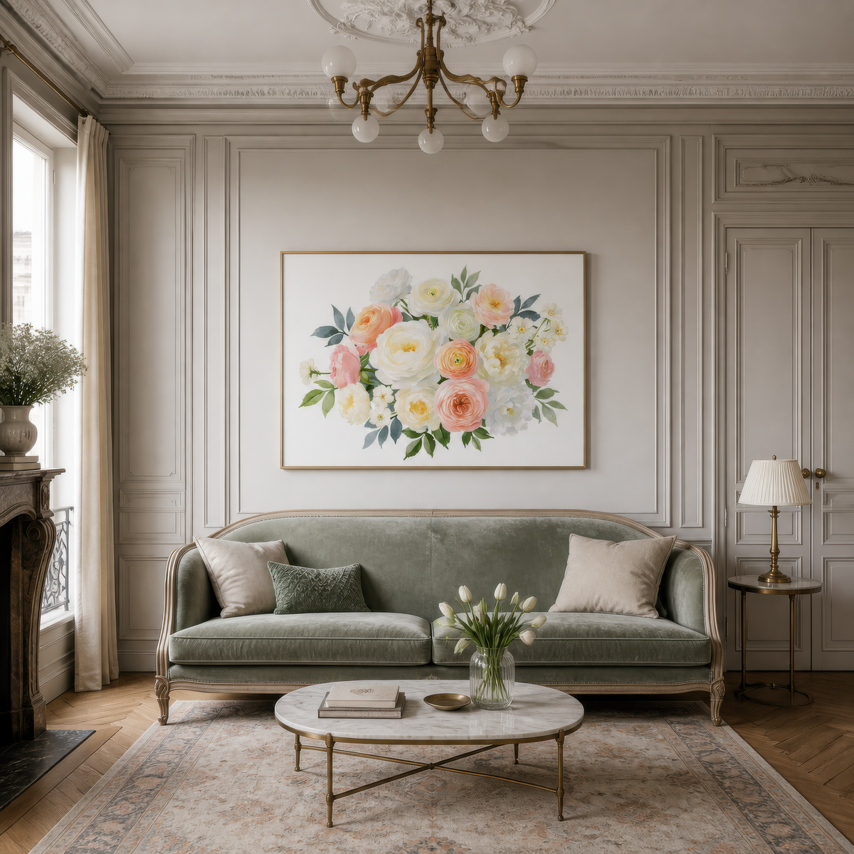 Cream and Peach Rose Bouquet wall art print, alternate room view