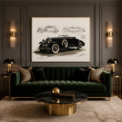 Vintage car blueprint above a dark green channel tufted sofa with a round brass coffee table