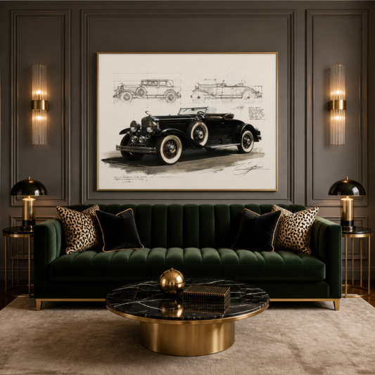 Vintage car blueprint above a dark green channel tufted sofa with a round brass coffee table