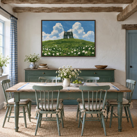 Cottage on the Hill cottagecore wall art in a dining room