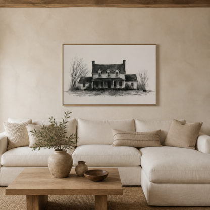 Farmhouse in winter sketch above a white low sofa with a pale wood coffee table