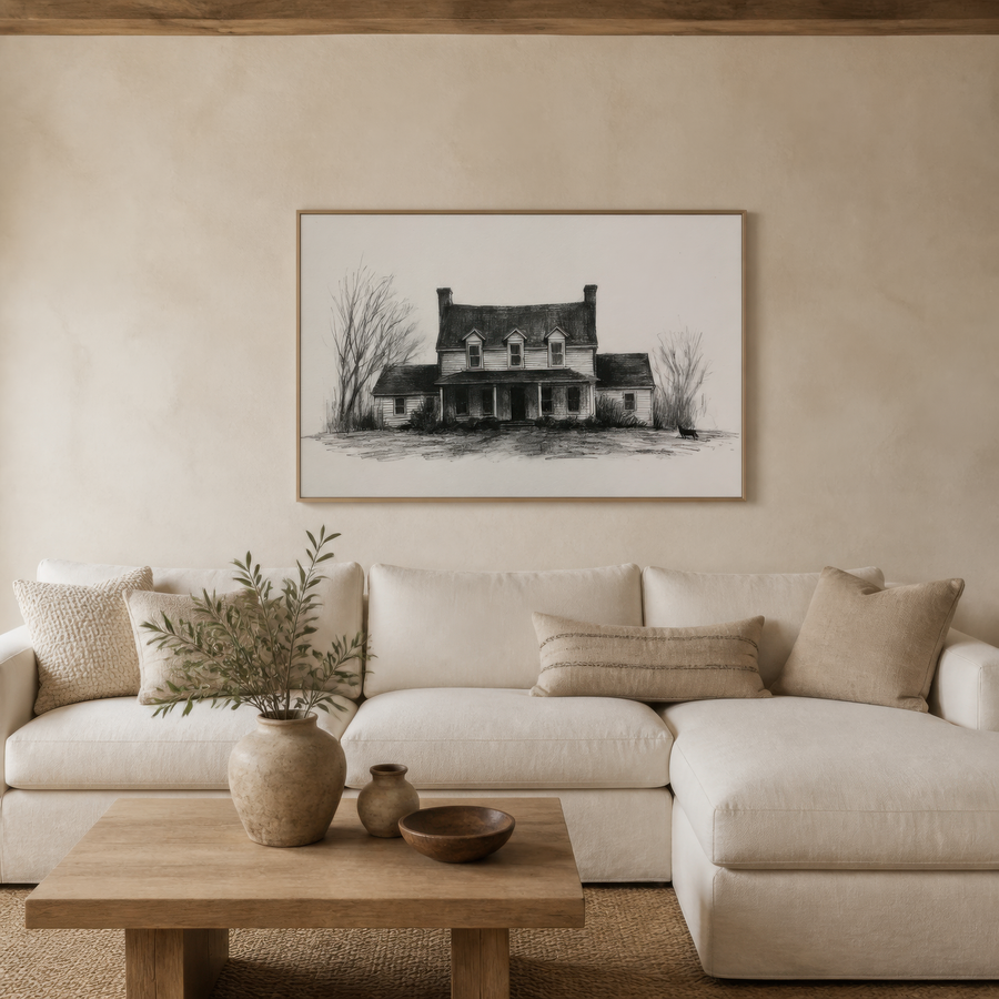 Farmhouse in Winter Sketch – Farmhouse Wall Art
