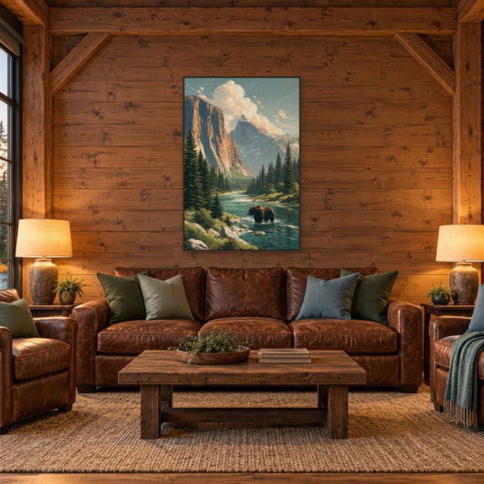 Yosemite Valley with Bear national park wall art in a living room