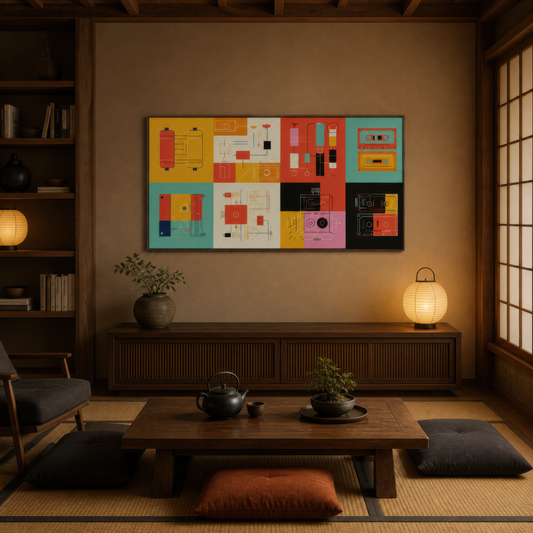 Retro Gadgets Grid Illustration wall art print, alternate room view