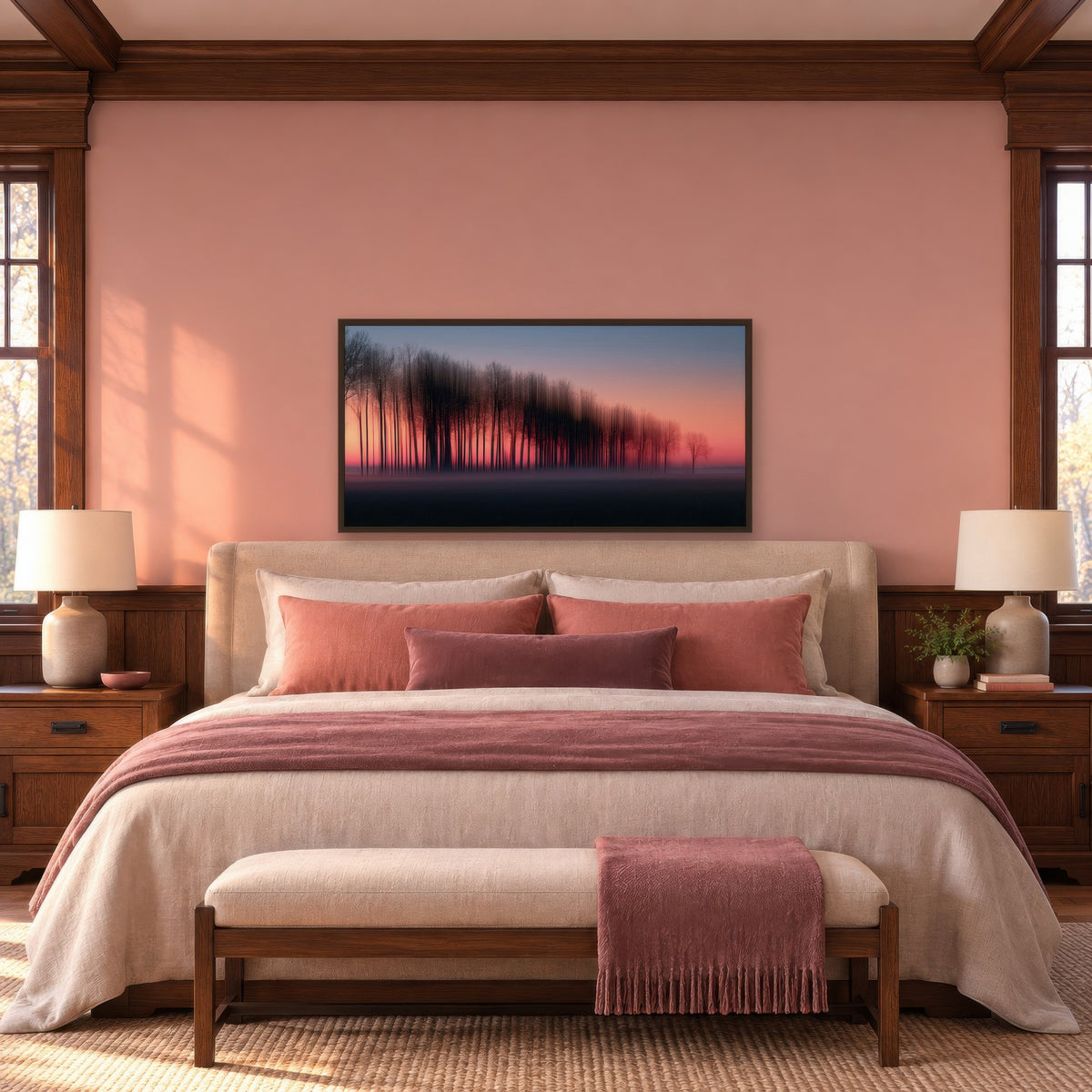Bare Trees at Sunset landscape wall art in a bedroom