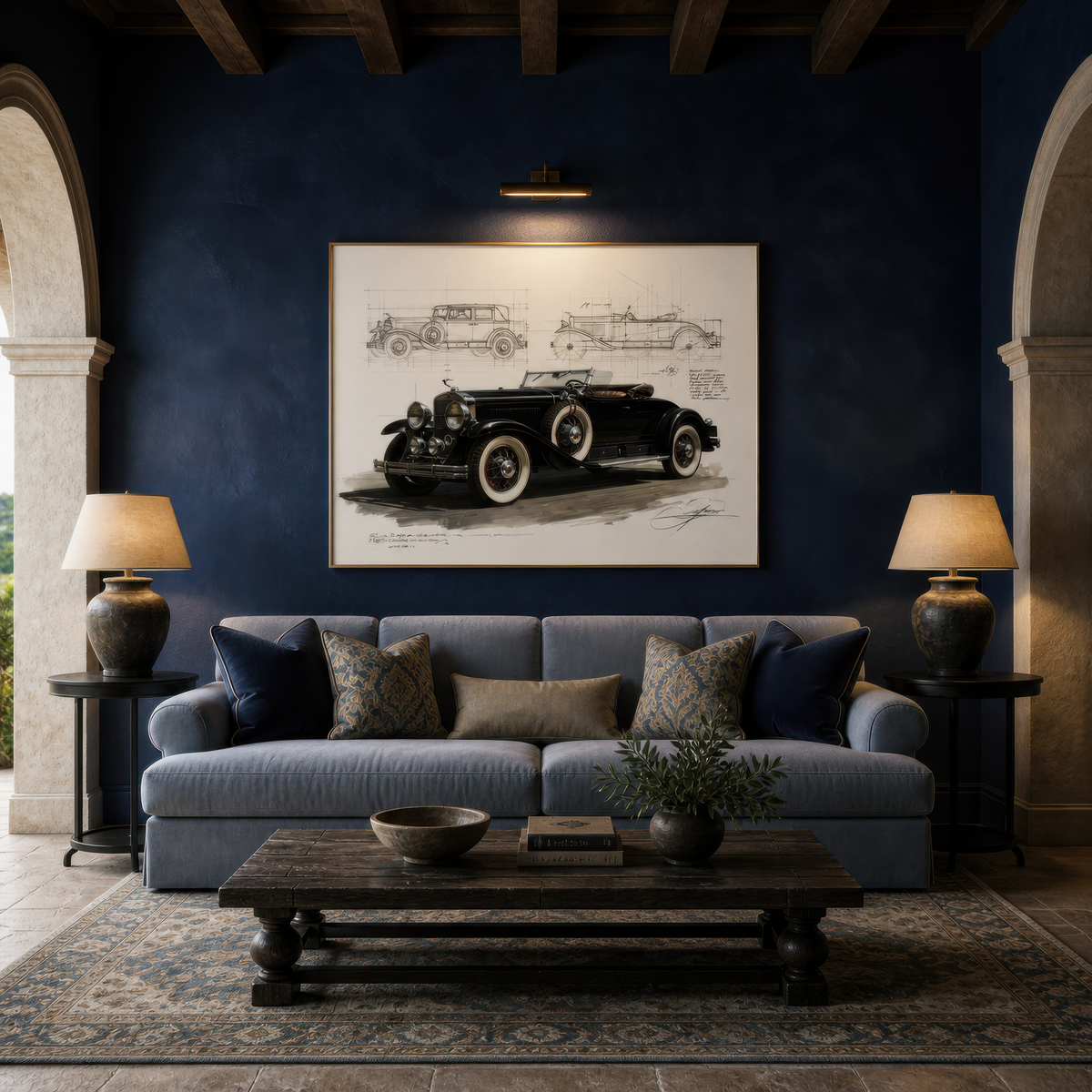 Vintage car blueprint above a blue sofa with patterned pillows on a deep navy wall