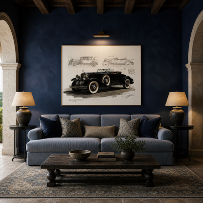 Vintage car blueprint above a blue sofa with patterned pillows on a deep navy wall