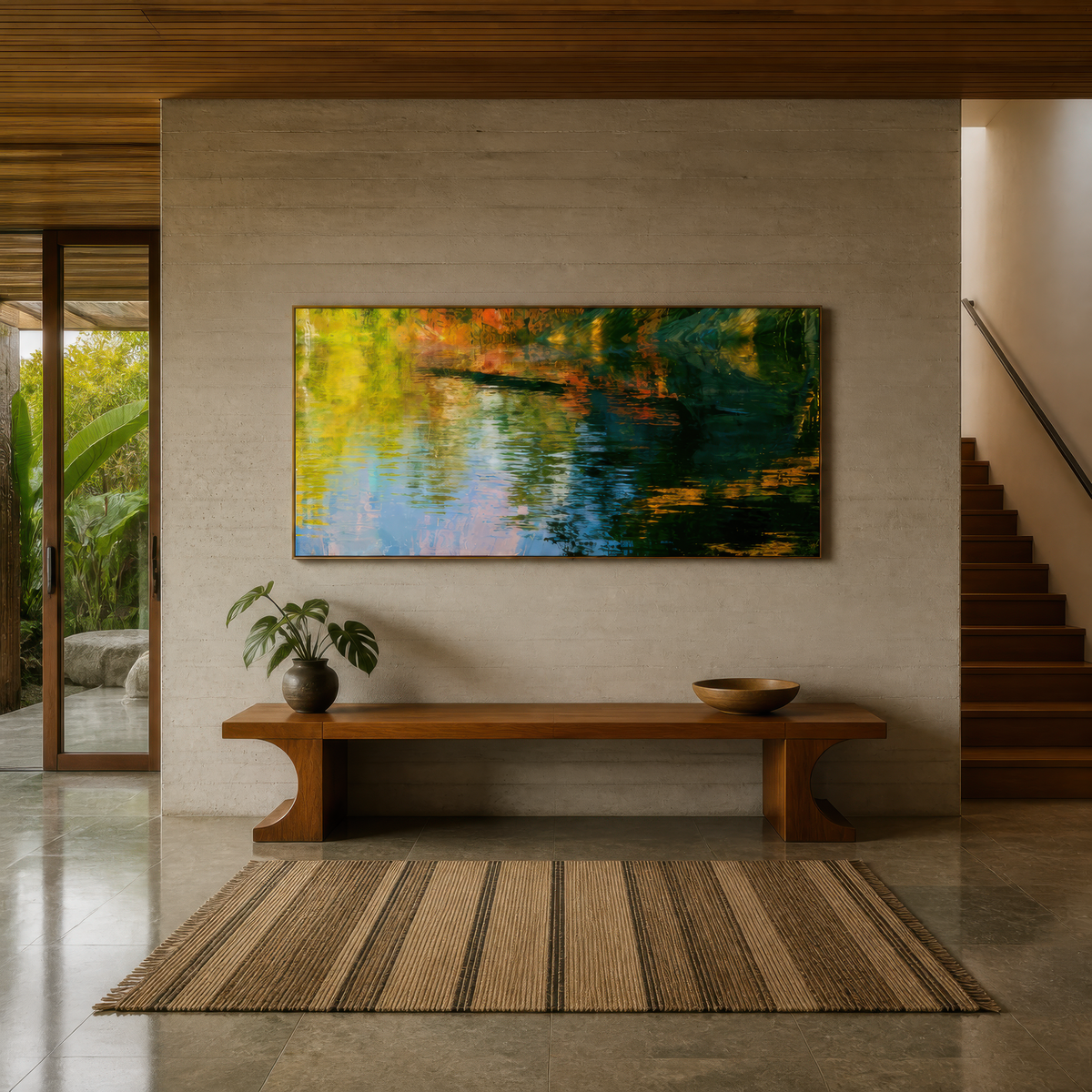 Golden autumn reflections panorama above a wood bench in an entryway with a striped runner and timber ceiling