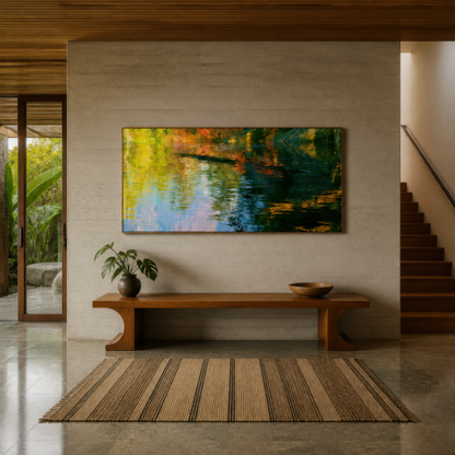 Golden autumn reflections panorama above a wood bench in an entryway with a striped runner and timber ceiling
