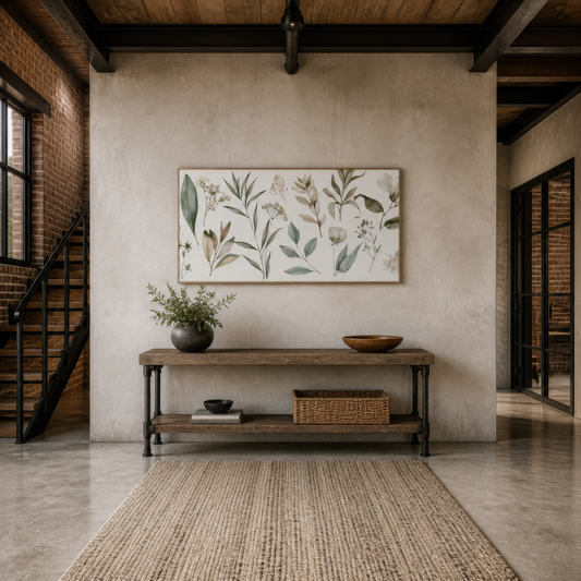 Dried Olive and Tan Leaf Sprigs wall art print, alternate room view
