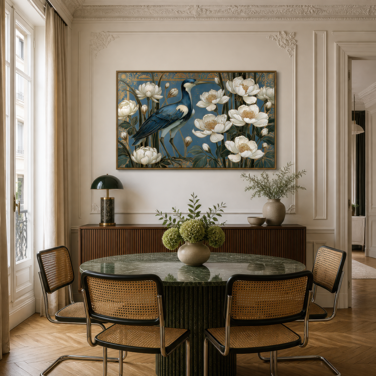 Crane and white peonies above a round dining table with cane chairs and a tall window