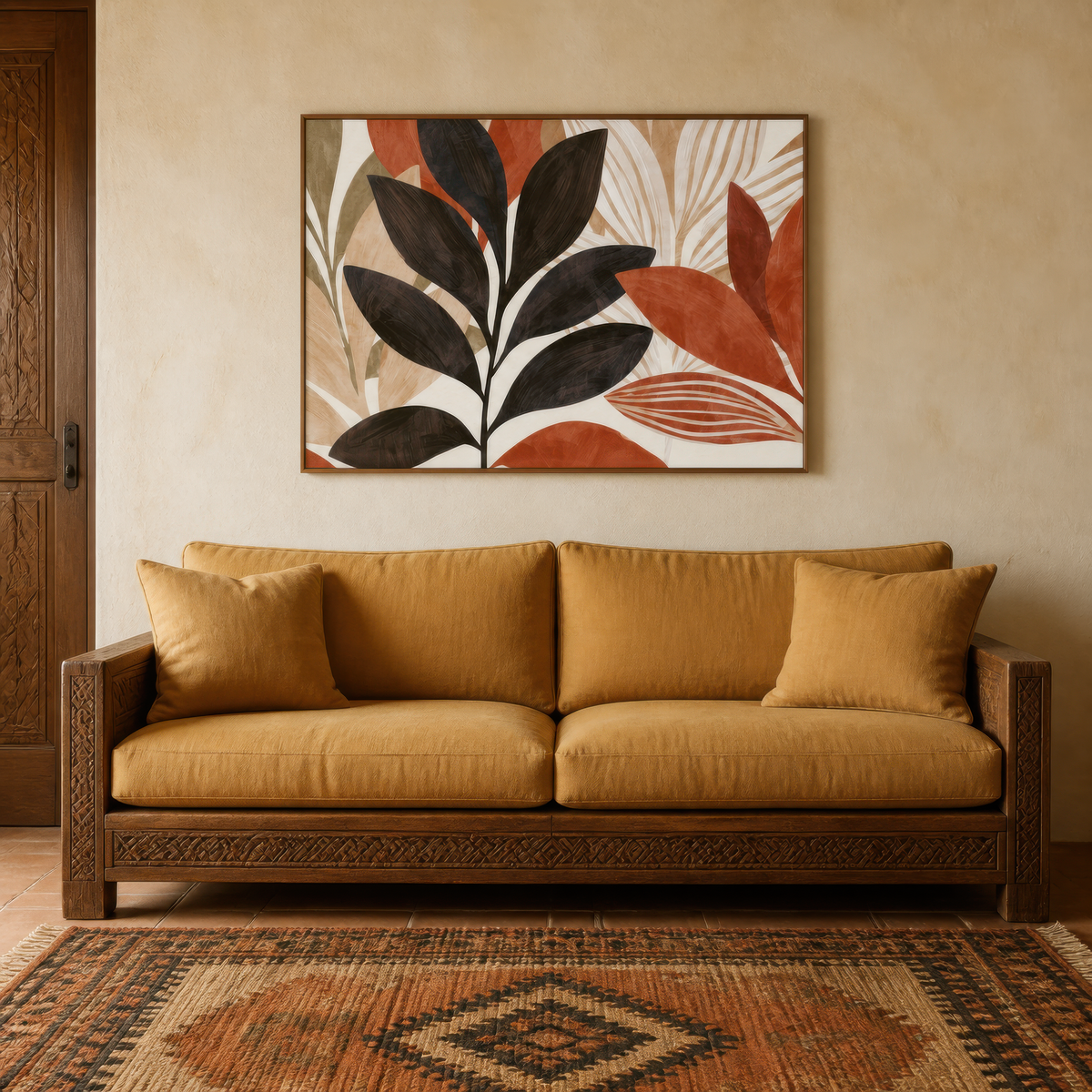 Charcoal and rust botanical artwork above a caramel sofa in a plaster room with a patterned rug
