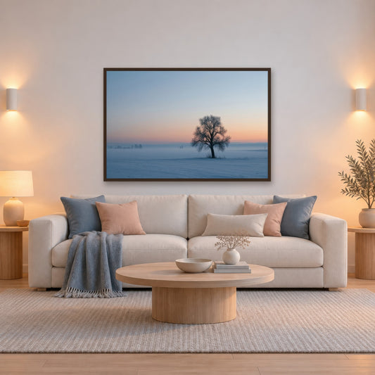Lone Tree in Snowy Field scandinavian wall art in a living room