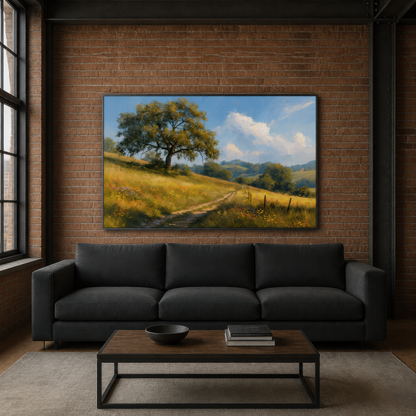 Golden hillside path above a charcoal sofa on an exposed red brick wall with a steel table