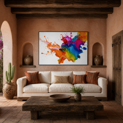 Liquid rainbow splash above a cream sofa on a terracotta wall with arched niches